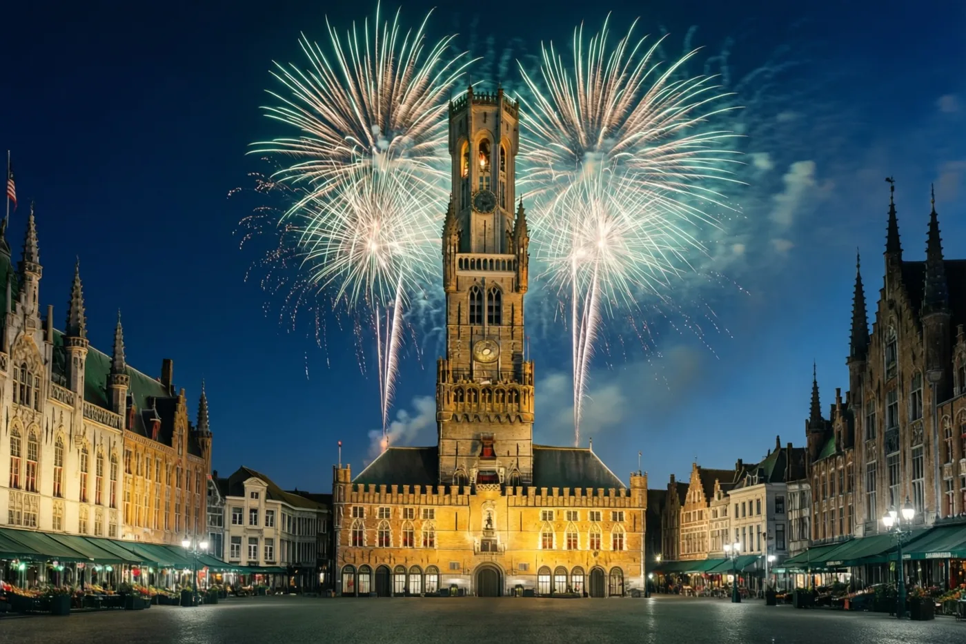 Wit en groen vuurwerk barst los boven een historisch belfort op een Vlaams marktplein, omringd door goudgeel verlichte gebouwen onder een diepblauwe nachthemel.