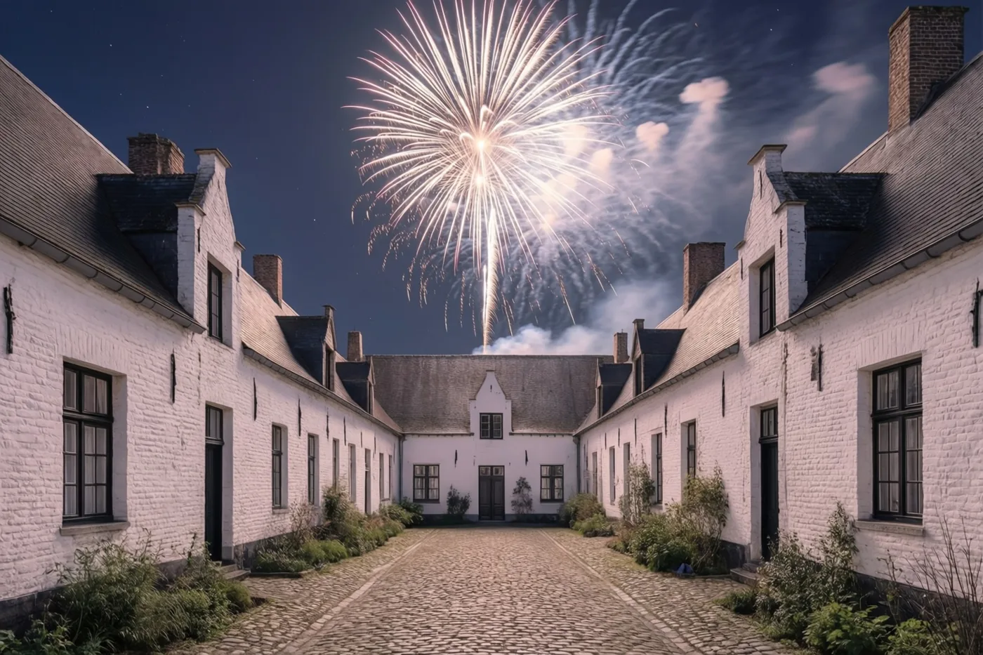 Een grote vuurwerkuitbarsting verlicht om middernacht een gekasseide binnenplaats met witgekalkte huizen met puntgevels onder een donkerblauwe hemel met verspreide wolken.