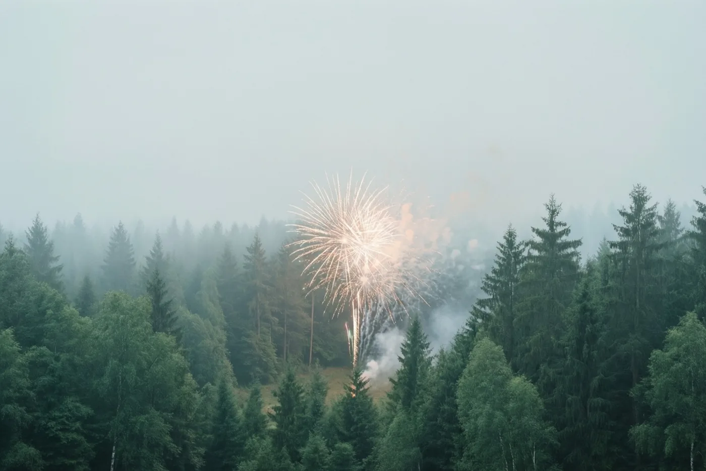Het warme licht van vuurwerk schijnt door een dicht, mistig bos van groenblijvende bomen in gedempte groene en grijze tinten.