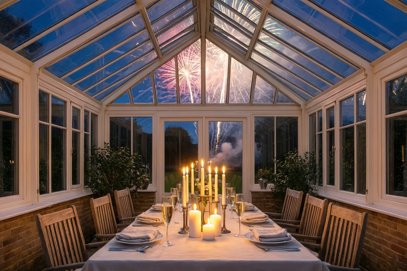 Een lange eettafel met kaarsen en champagneglazen staat in een glazen veranda, met vuurwerk door het dak zichtbaar tegen een donkerblauwe nachthemel.