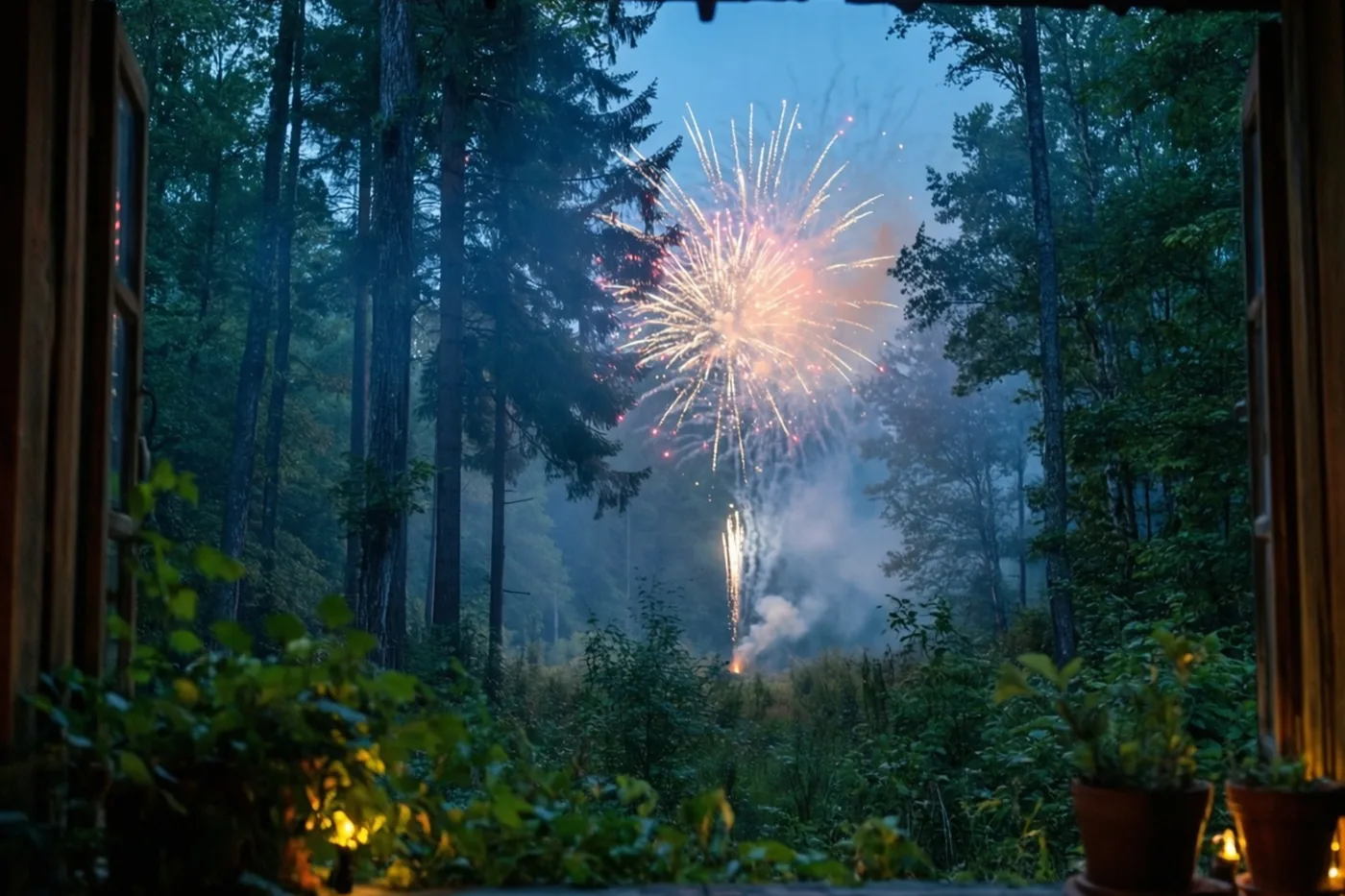 Door een raam met een houten kader is bij schemering oranje en wit vuurwerk te zien in een mistig bos met diepe groene en blauwe tinten.