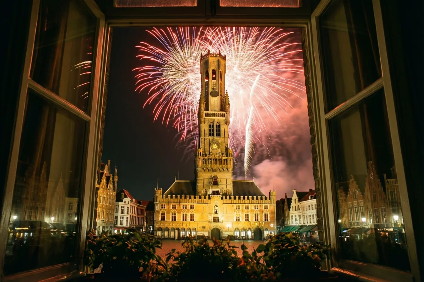 Door een open raam is rood, wit en paars vuurwerk boven een historisch belfort op een Vlaams marktplein met warm verlichte gebouwen te zien.