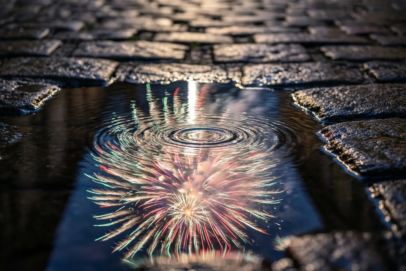 Kleurrijk vuurwerk weerspiegelt in een plas op natte, donkere kasseien, met rimpels die de lichtpatronen vervormen.