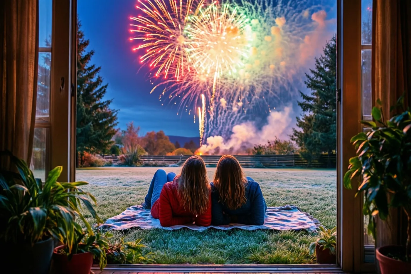 Door een open deur met potplanten aan weerszijden zijn twee mensen van achteren te zien die op een deken op een berijpt gazon liggen en naar kleurrijk vuurwerk kijken.