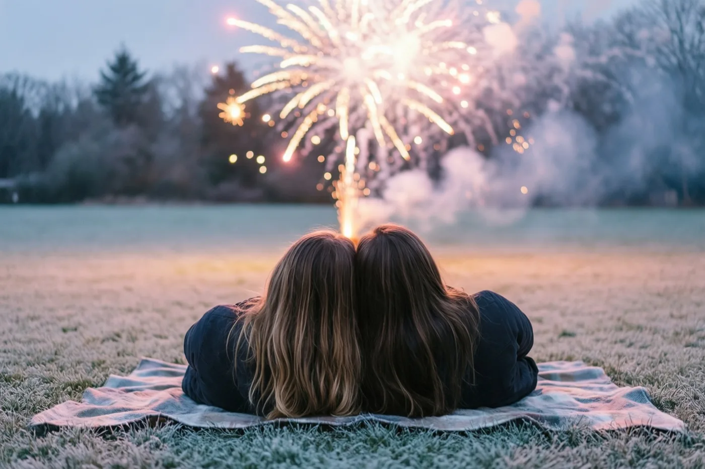 Twee mensen liggen van achteren gezien op een deken op een berijpt gazon en kijken naar vuurwerk in de schemering met blauwe en gouden tinten.