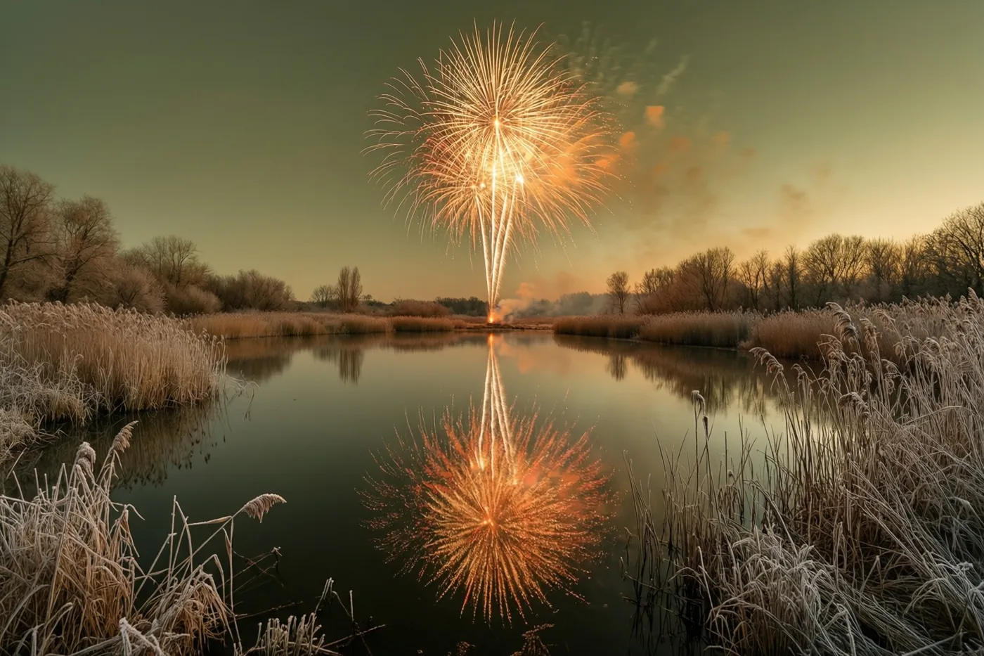 Vuurwerk weerspiegelt in een kalm meer, omringd door berijpt riet en kale bomen onder een schemerige hemel.