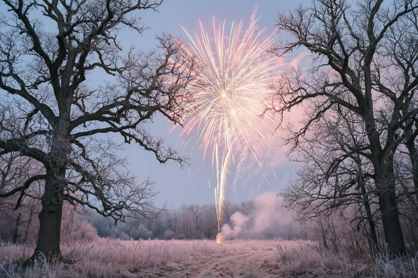 Vuurwerk verlicht een berijpt veld tussen de kale takken van twee grote eiken in koele blauwe en roze tinten.