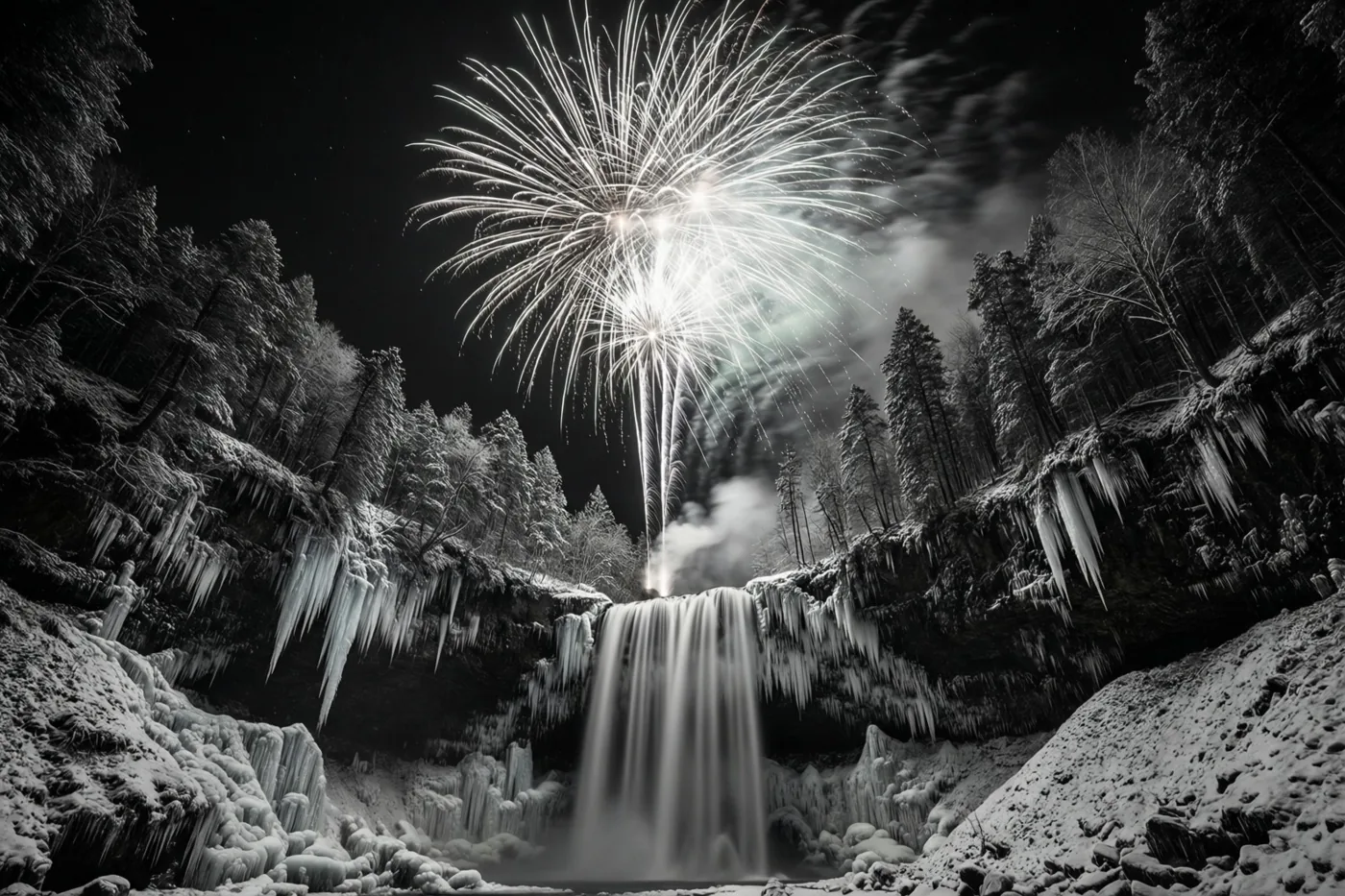 Een zwart-witfoto toont nachtelijk vuurwerk boven een waterval in een besneeuwd, ijzig bos, omringd door besneeuwde bomen en ijspegels.