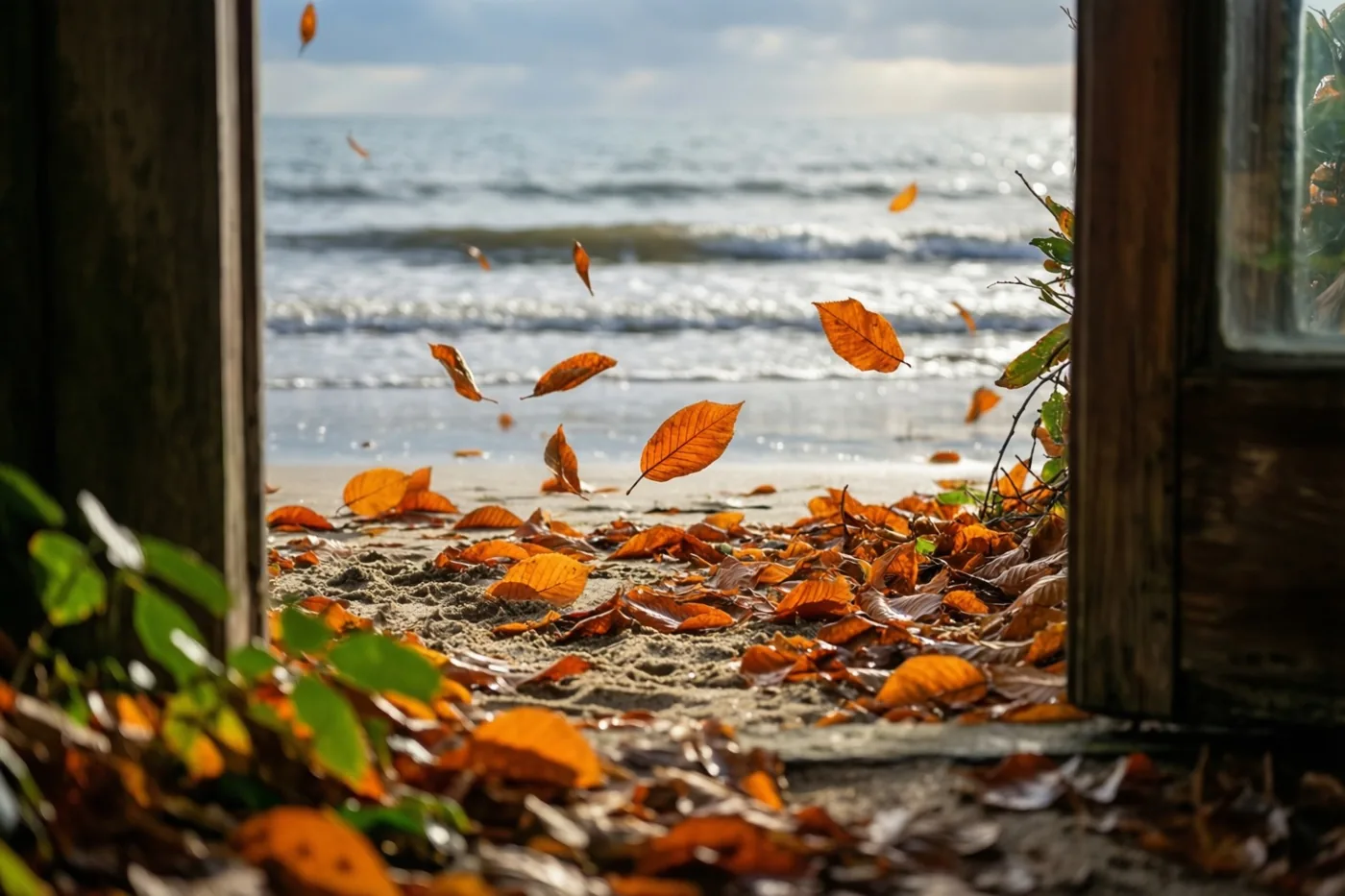 Door een houten raam zijn oranje herfstbladeren op nat strandzand en in de wind te zien, met golven onder een bewolkte hemel op de achtergrond.