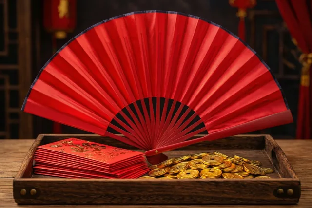 Een rode zijden waaier staat naast een stapel rode enveloppen en een hoop gouden munten op een houten dienblad, met rode lantaarns in een donkere traditionele Chinese omgeving.