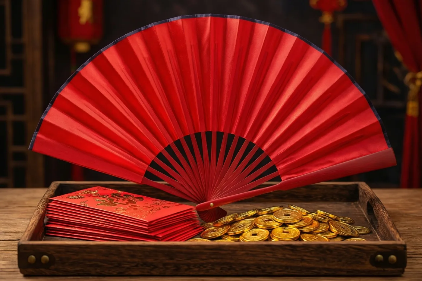 Een rode zijden waaier staat naast een stapel rode enveloppen en een hoop gouden munten op een houten dienblad, met rode lantaarns in een donkere traditionele Chinese omgeving.