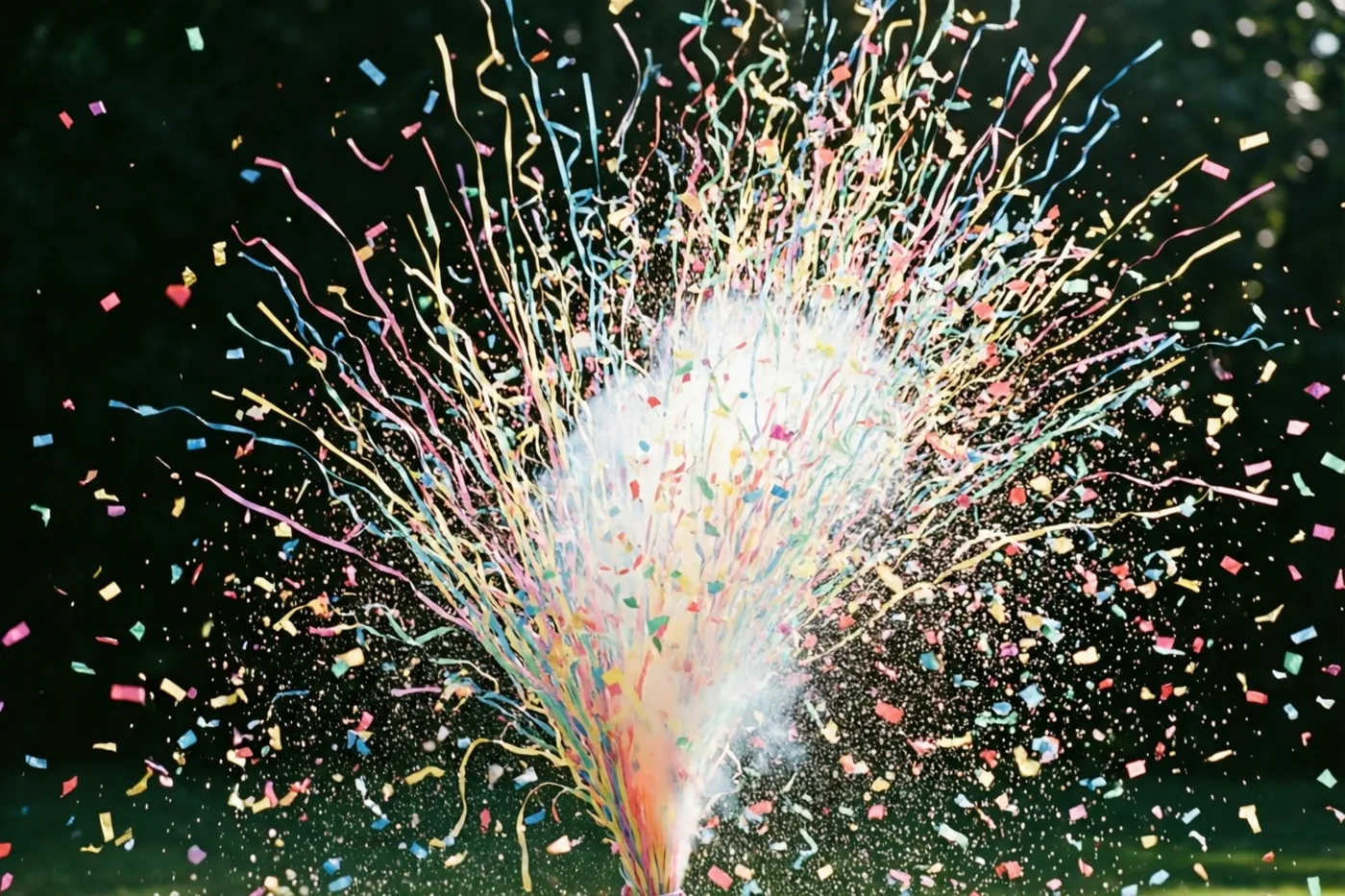 Kleurrijke slingers en confetti schieten vanuit een centraal punt naar buiten tegen een donkere achtergrond.