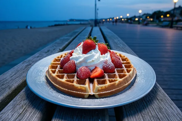Een goudgele wafel met slagroom en aardbeien ligt op een lichtblauw bord op een houten bank aan de zeedijk, met een kalme zee en verre lichtjes in de schemering.