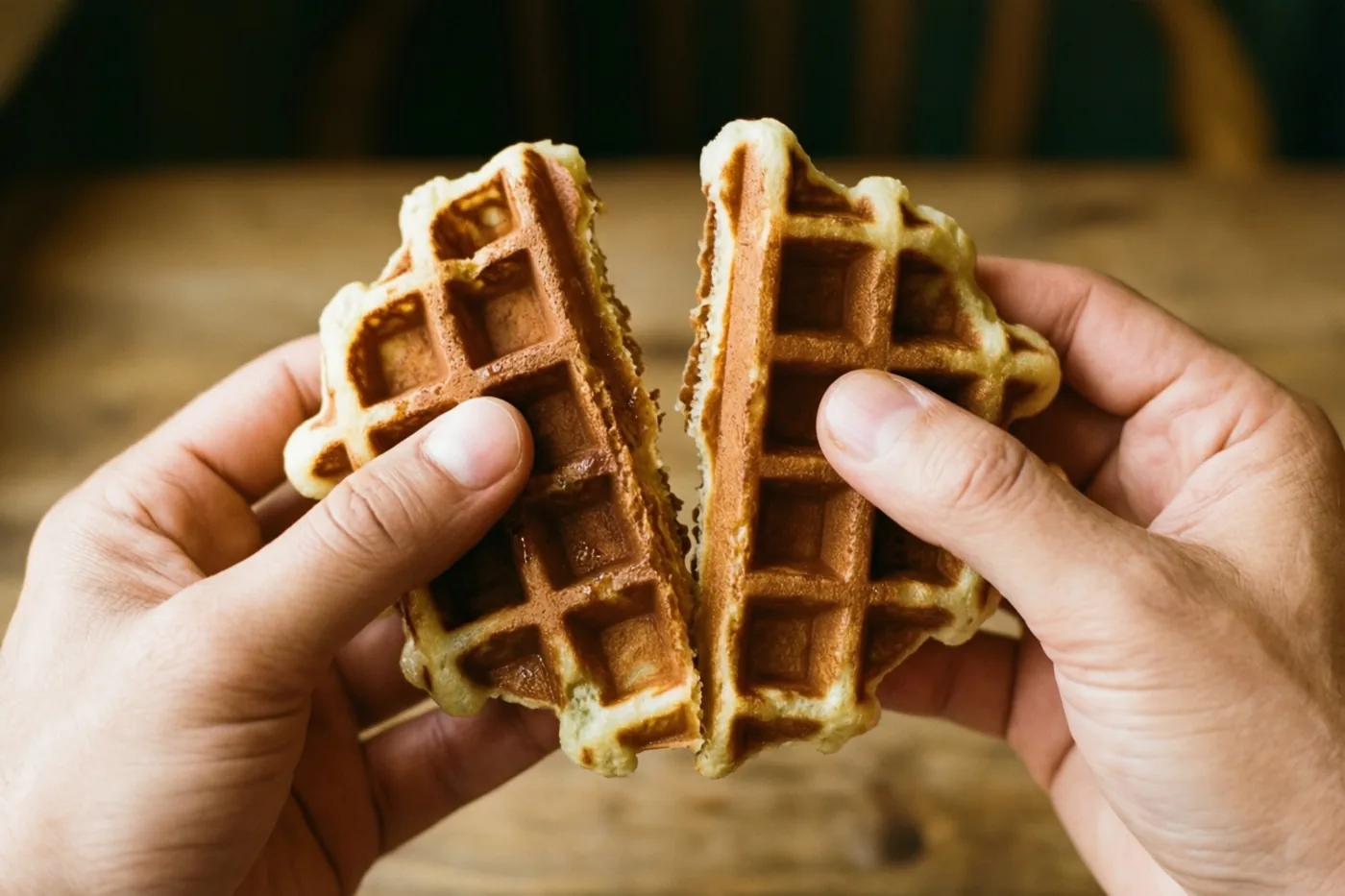 Twee handen scheuren een warme Belgische wafel met een duidelijk ruitjespatroon in tweeën boven een houten tafel.