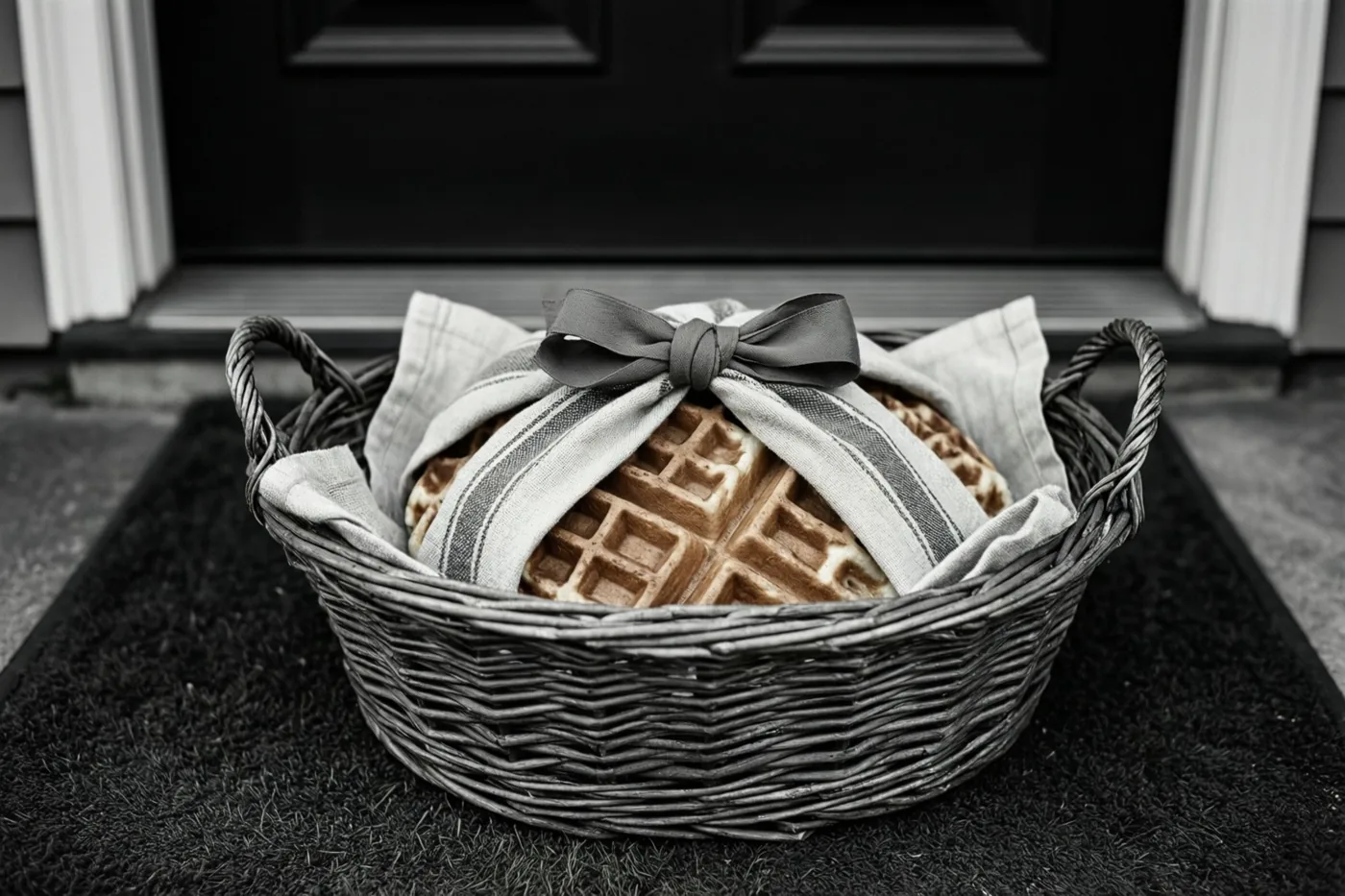 Een wafel in een doek met een strik ligt in een gevlochten mand op een drempel, weergegeven in zwart-wit.