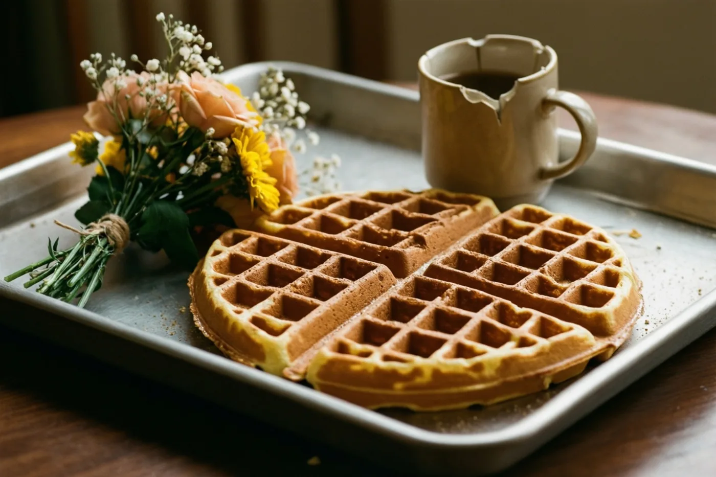 Een goudbruine wafel en een boeketje roze, gele en witte bloemen liggen op een metalen dienblad naast een beige mok met een gebroken rand op een houten tafel.