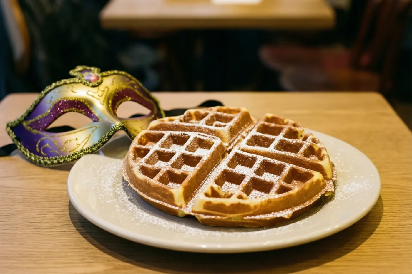 Een Belgische wafel met poedersuiker ligt op een wit bord op een houten cafétafel naast een paars-gouden carnavalsmasker in warm licht.