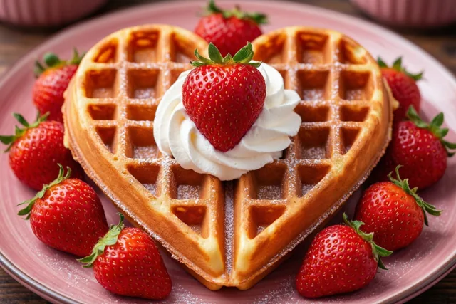 Een hartvormige wafel met slagroom en een aardbei ligt op een roze bord op hout, met verse aardbeien eromheen.