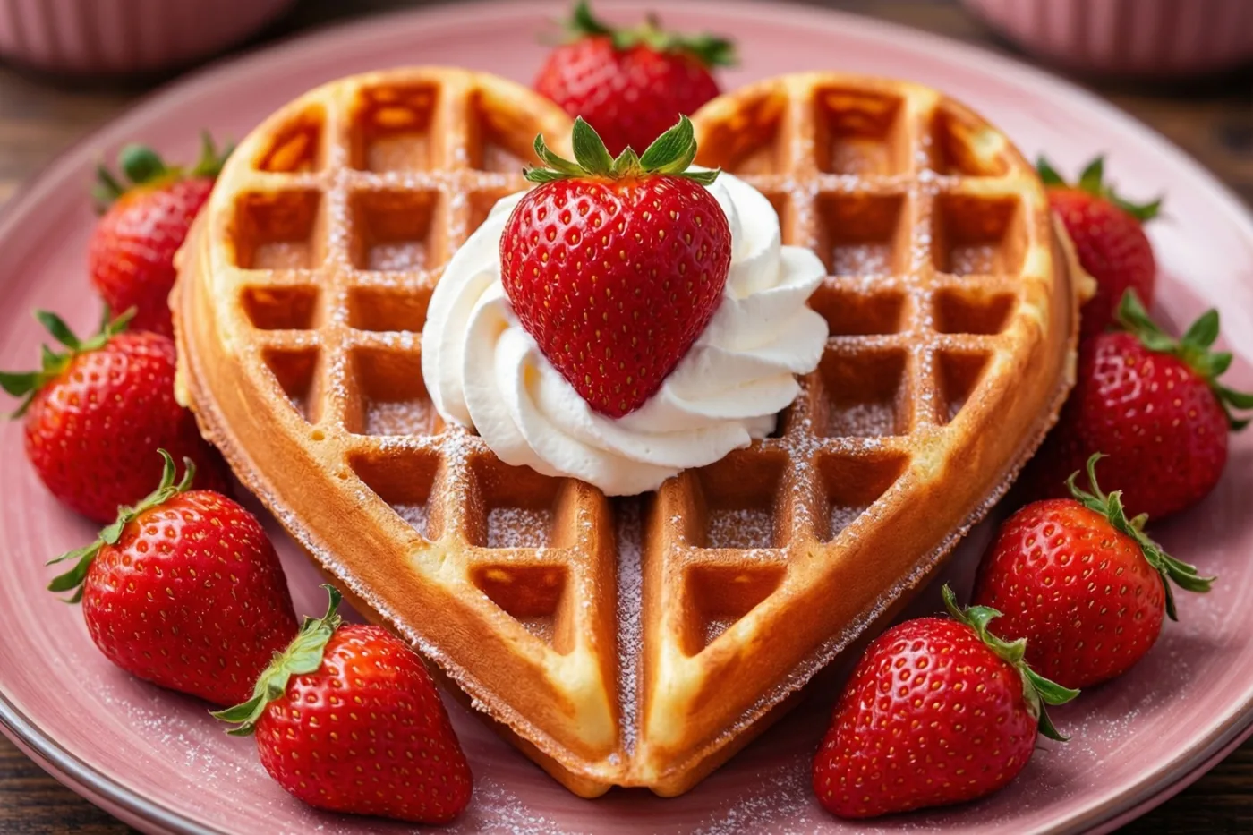 Een hartvormige wafel met slagroom en een aardbei ligt op een roze bord op hout, met verse aardbeien eromheen.