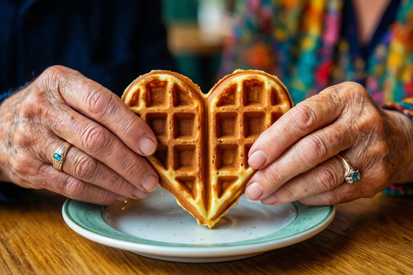 Twee gerimpelde handen met trouwringen houden een hartvormige wafel boven een bord met een blauwgroene rand op een houten cafétafel.