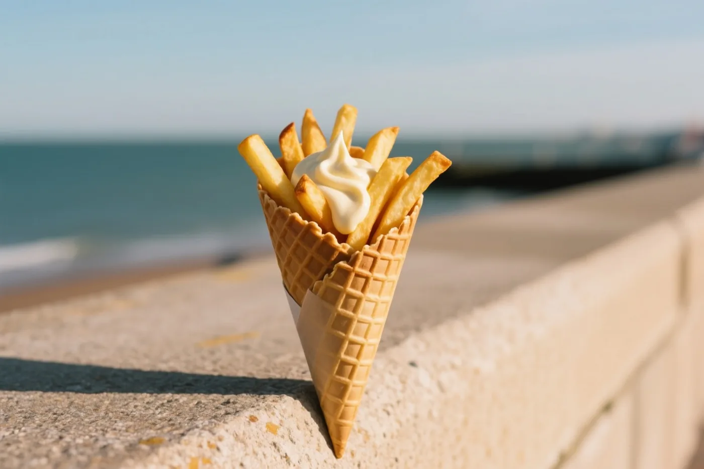 Een wafelhoorntje met goudgele frieten en een toef mayonaise staat op een stenen muurtje aan zee, met onscherpe zee en lucht in de zon erachter.
