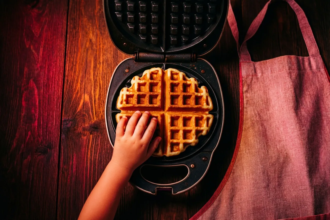 Een kinderhand reikt naar een goudkleurige wafel in een open wafelijzer op een donkere houten tafel met een rood-roze schort ernaast.
