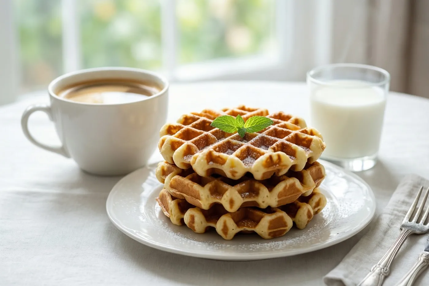 Bij een raam staan wafels met poedersuiker op een wit bord naast een grote witte mok koffie en een klein glas melk op een wit tafelkleed.