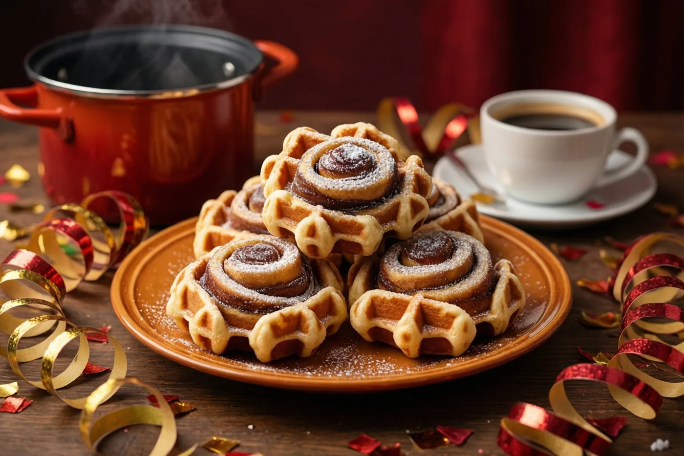 Een bord wafelrolletjes met kaneelsuiker staat op een houten tafel naast een dampende rode pot en een kop koffie, tussen rode en gouden slingers tegen een rode achtergrond.