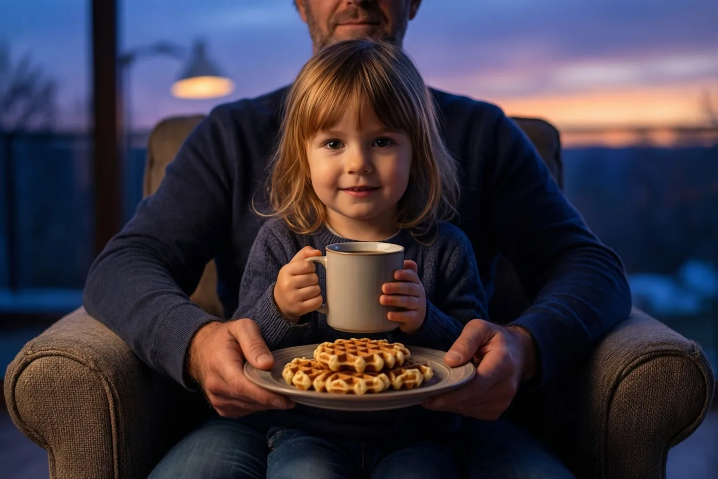 Een jong kind met een mok zit op de schoot van een vader in een zetel, terwijl hij een bord wafels vasthoudt en een kleurrijke avondlucht door het raam te zien is.