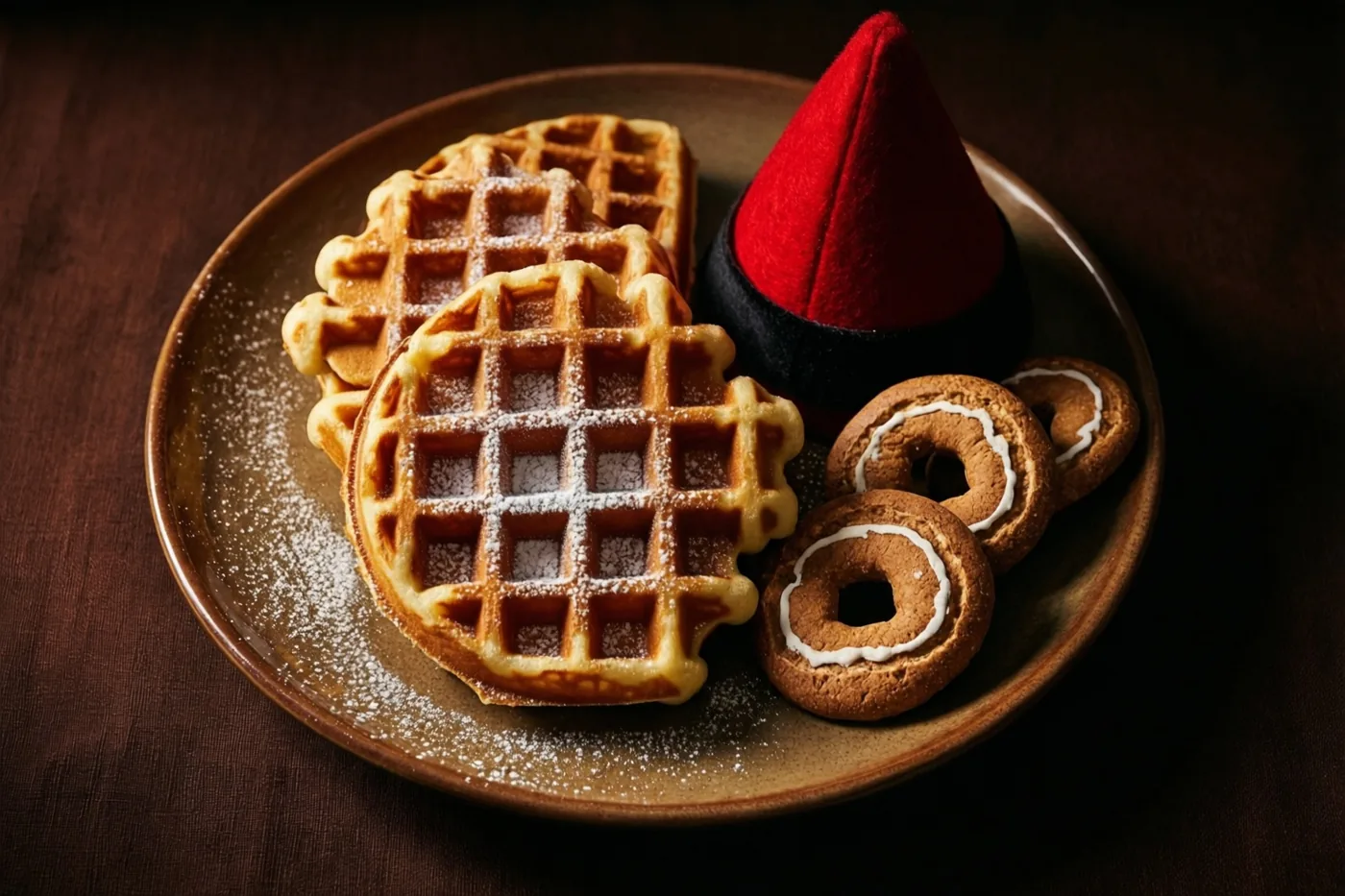Een bord met goudbruine wafels met poedersuiker staat naast ringvormige pepernoten en een rode mijter op een donkerhouten ondergrond in warm licht.