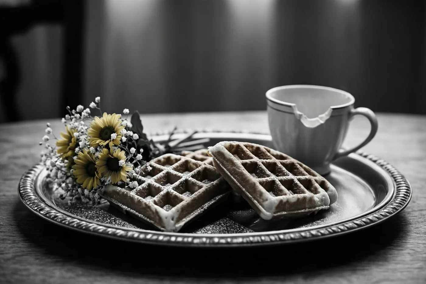 Een zwart-witbeeld toont twee wafels met poedersuiker en een boeketje met gipskruid op een zilveren dienblad naast een beschadigd wit kopje op een houten tafel.