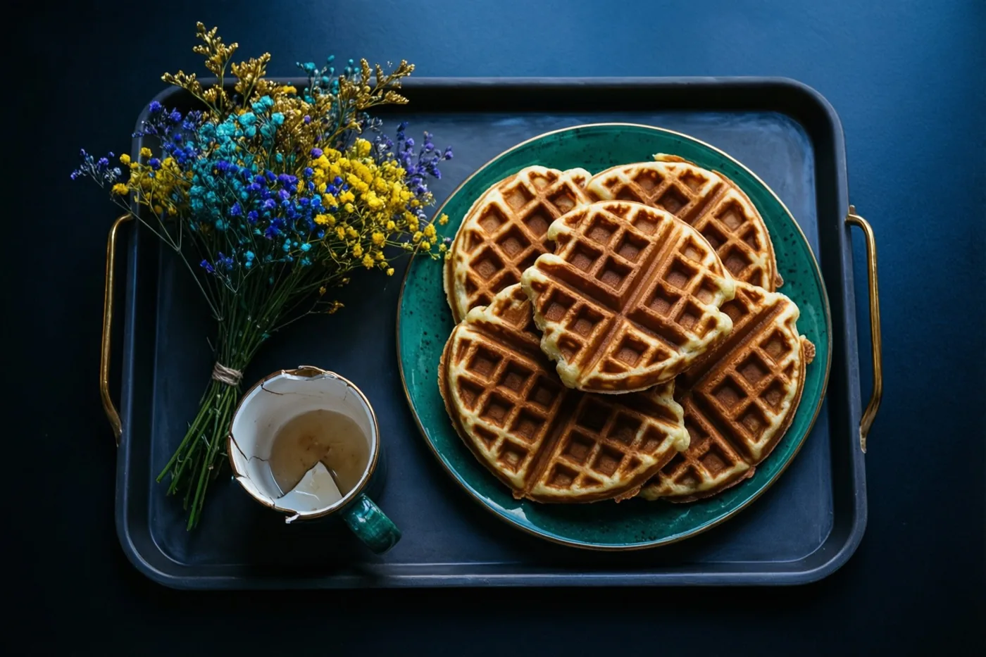 Op een donker dienblad staan een groen bord met goudgerande wafels, blauwe en gele bloemen en een beschadigd keramieken kopje met groen oor tegen een diepblauwe achtergrond.