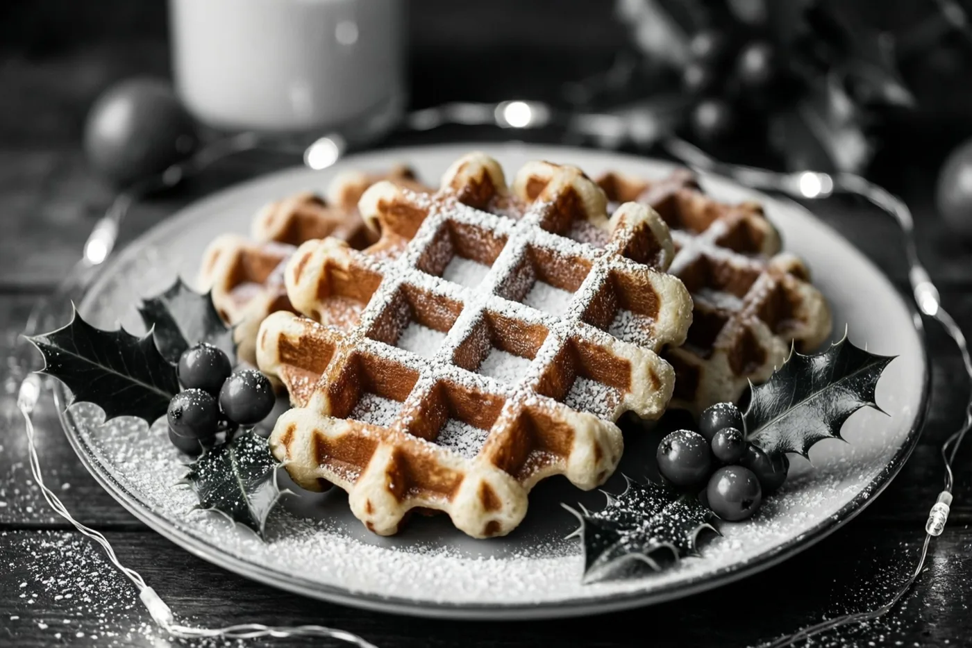 Een bord warme Belgische wafels met poedersuiker, hulstbladeren en bessen staat tussen lichtjes op donker hout, in een monochroom beeld met witte suiker en donkere bessen.