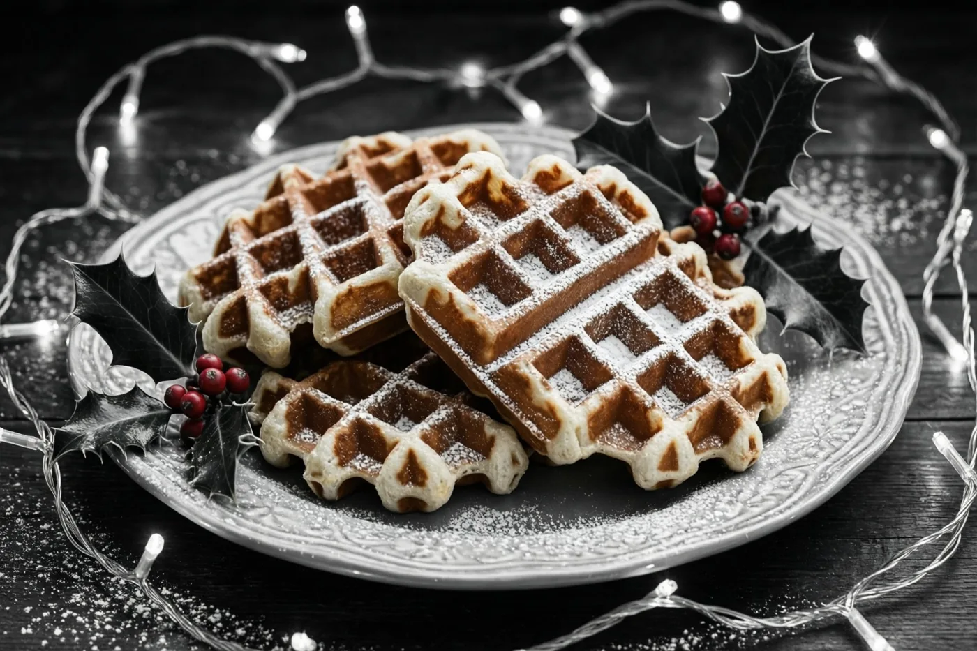 Een bord warme Belgische wafels met poedersuiker, hulstbladeren en rode bessen staat tussen lichtslingers op donker hout tegen een monochrome achtergrond met enkele kleuraccenten.