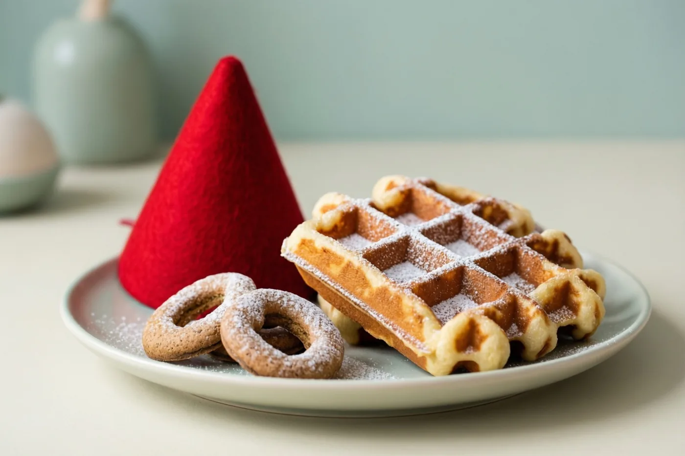 Op een bord liggen goudbruine wafels met poedersuiker, met twee ronde pepernoten en een rode vilten mijter erbij, op een lichte ondergrond tegen een zacht blauwgroene achtergrond.