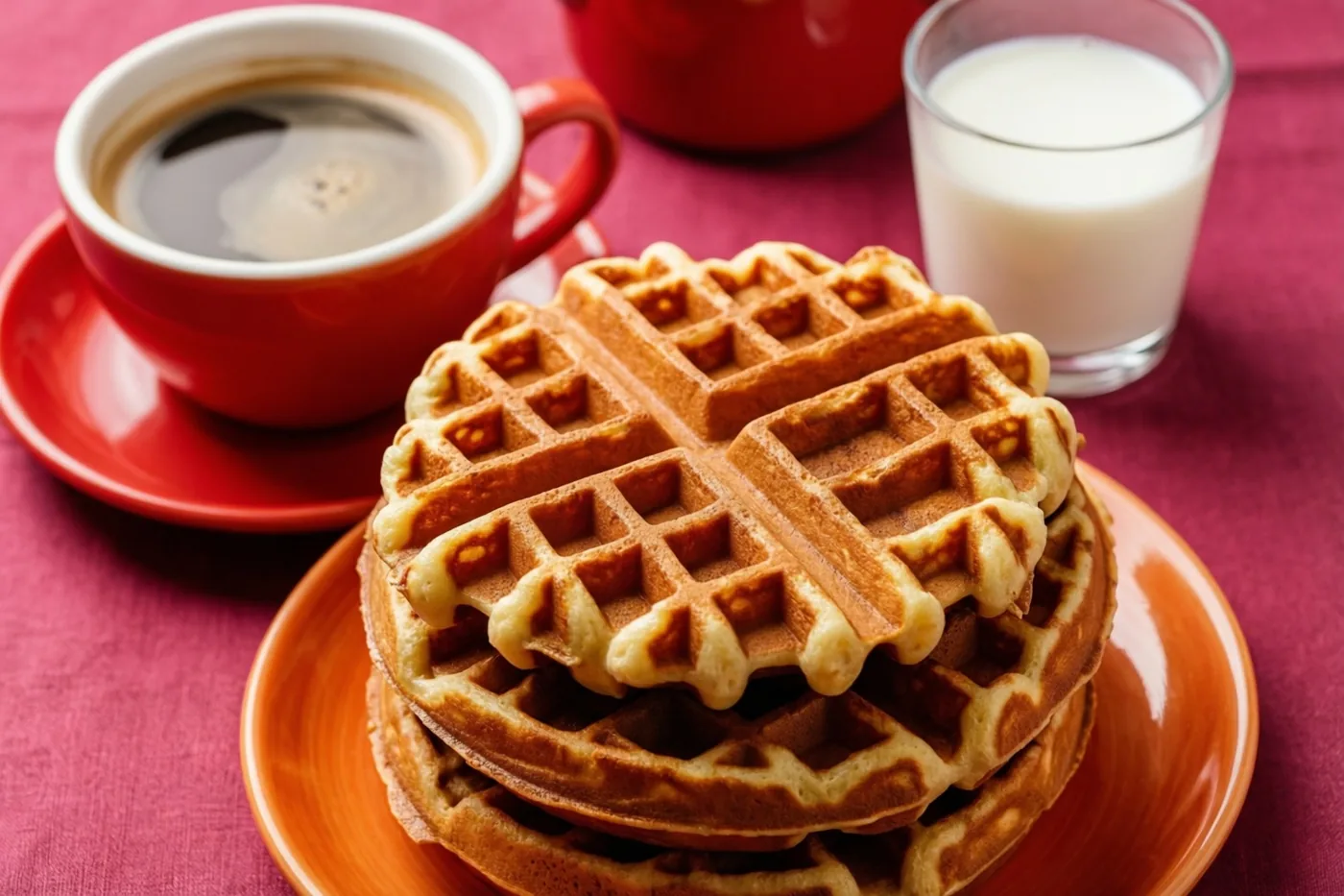 Een stapel goudbruine wafels staat op een oranje bord naast een rode kop koffie en een glas melk op een magenta tafelkleed.