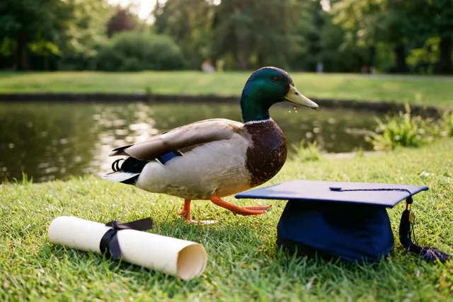 Eend waggelt naar het diploma