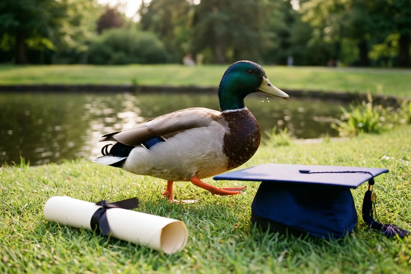 Een wilde eend waggelt over groen gras naast een blauwe afstudeerhoed en een opgerold diploma, bij een vijver met bomen in zacht zonlicht.