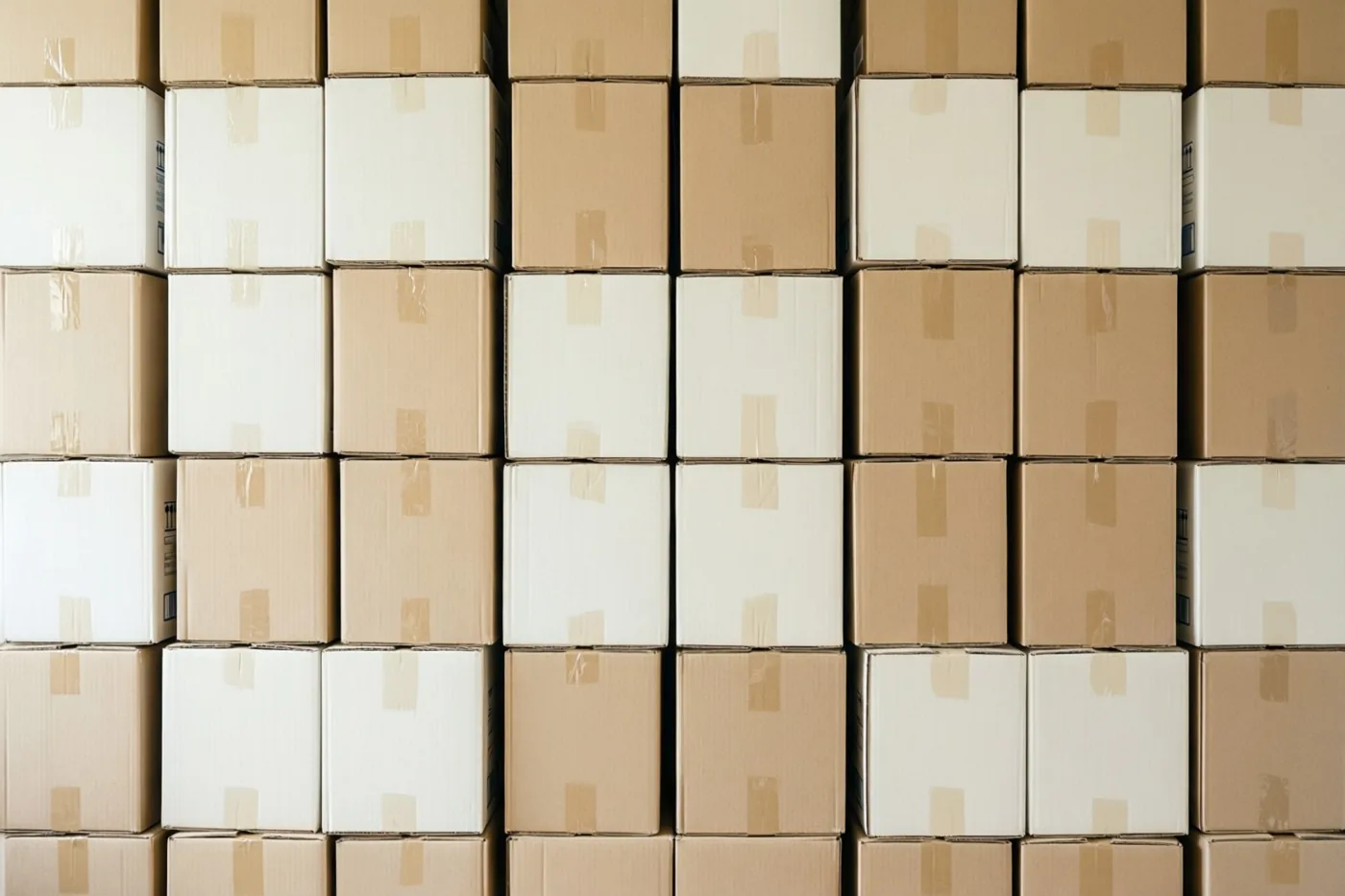Een wand van netjes gestapelde kartonnen verhuisdozen vormt een herhalend patroon in beige en wit.