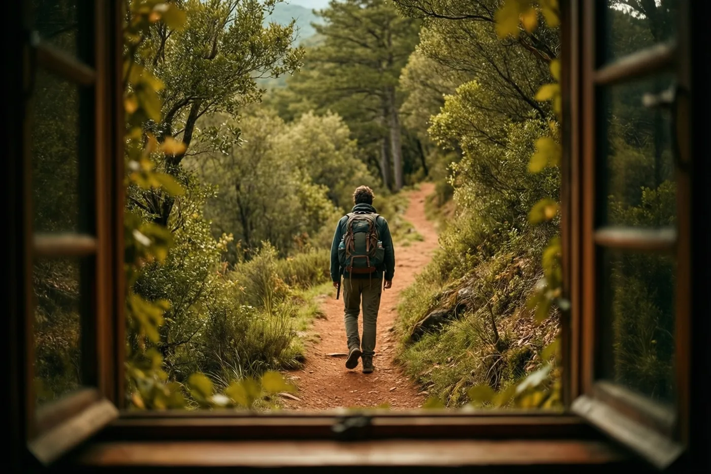Door een open houten raam, deels omgeven door bladeren, is een persoon met een rugzak te zien die wegloopt over een onverhard pad door een weelderig groen bos.