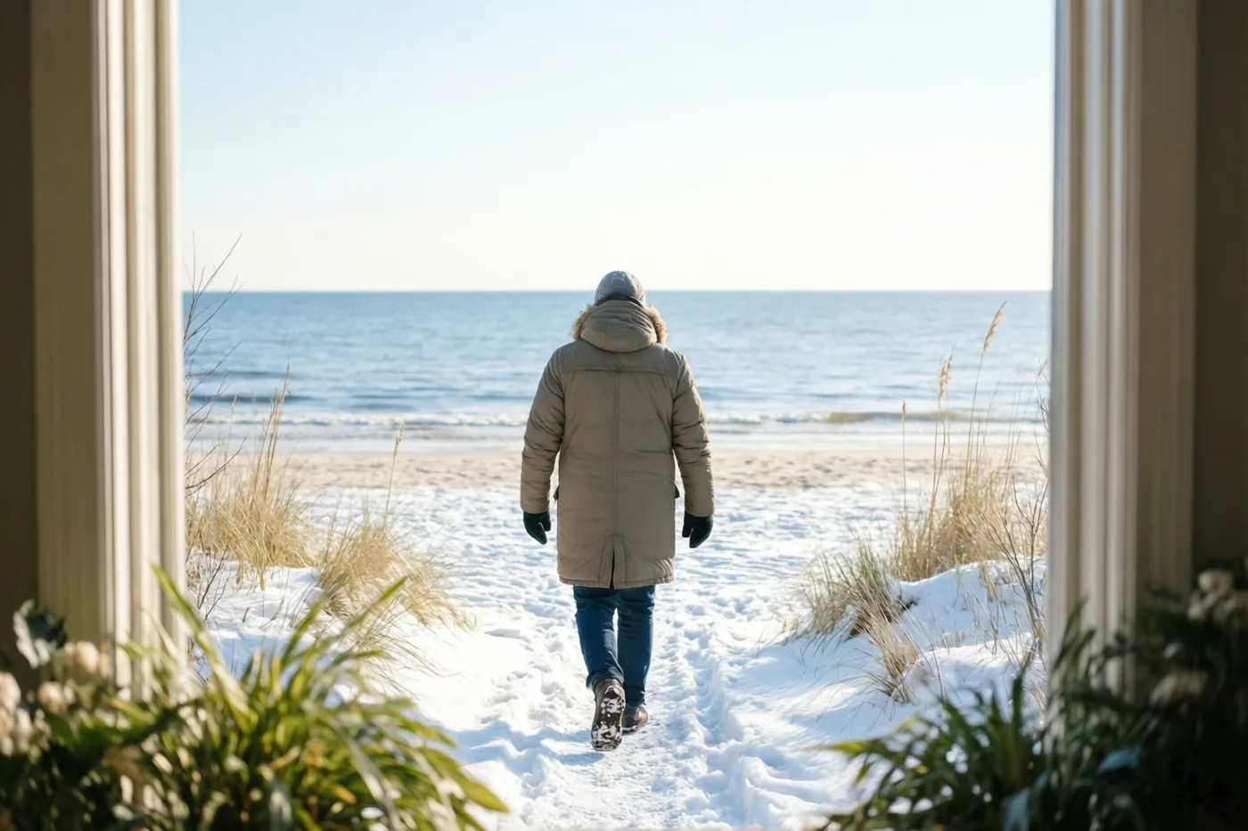 Door een raam is een persoon in een dikke beige jas van achteren te zien op een besneeuwd strandpad naar zee, in gedempte blauwe en witte tinten.