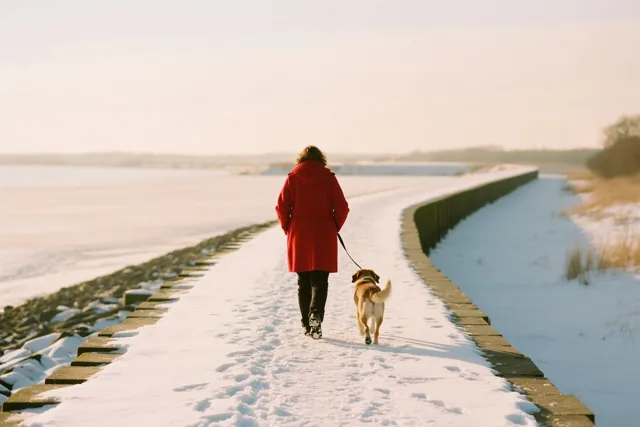 Een persoon in een rode jas wandelt met een kleine hond van de camera weg over een besneeuwde dijk, met links bevroren water en rechts sneeuw onder een nevelige lucht.