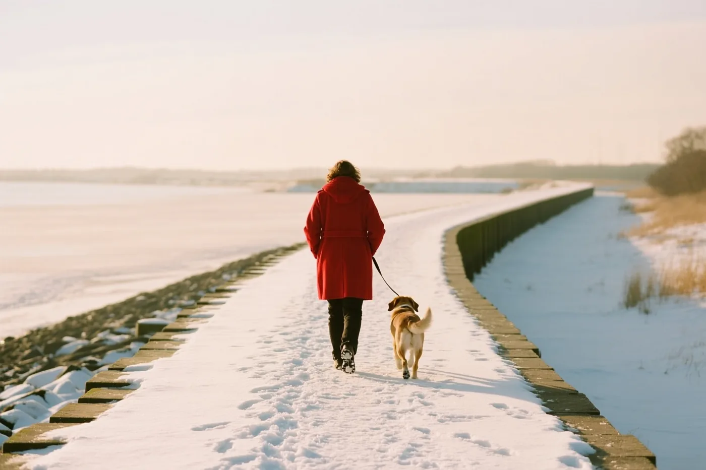 Een persoon in een rode jas wandelt met een kleine hond van de camera weg over een besneeuwde dijk, met links bevroren water en rechts sneeuw onder een nevelige lucht.