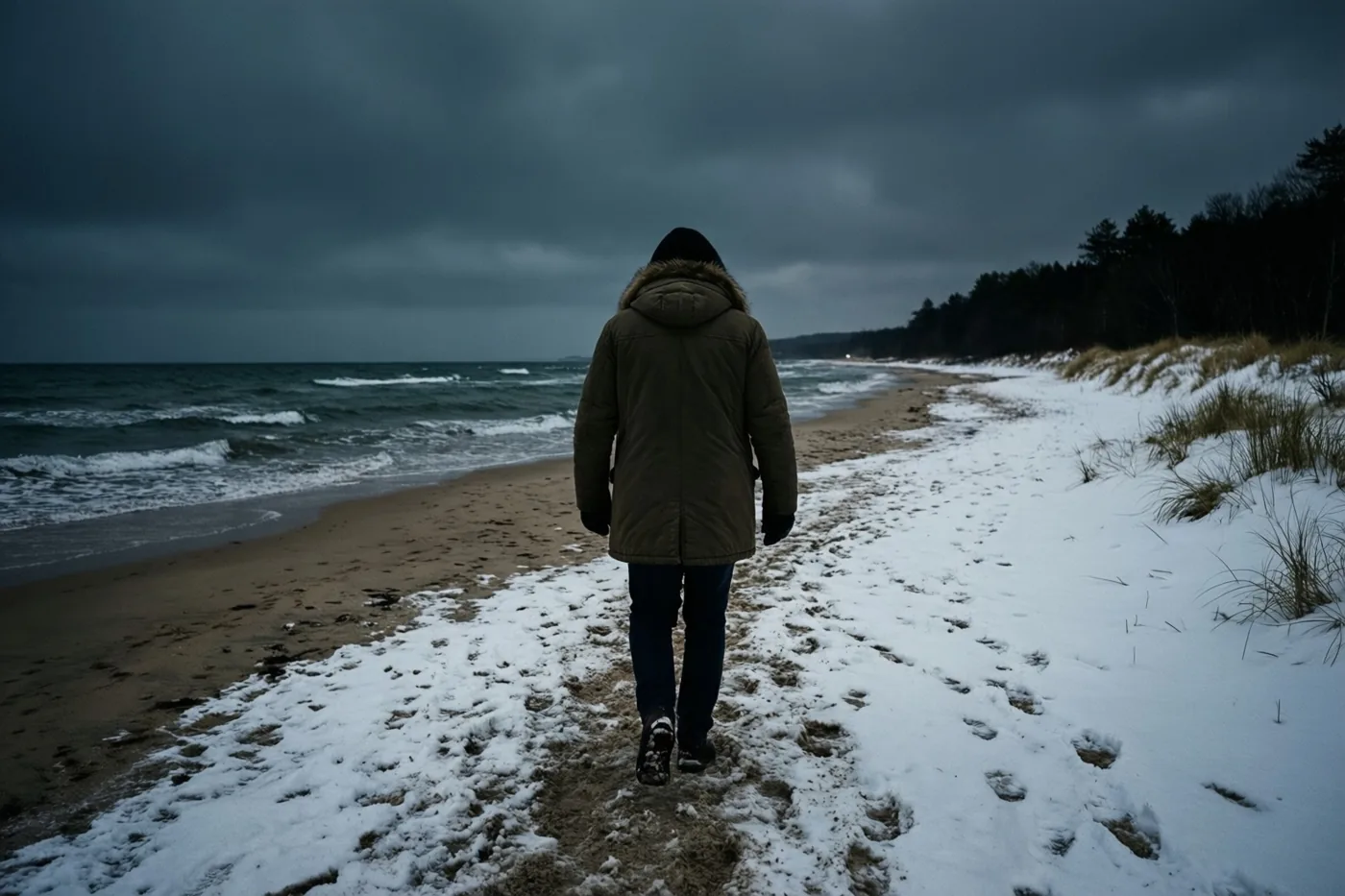 Een persoon in een dikke jas loopt met de rug naar de kijker over een besneeuwd strand naar zee onder een donkere, bewolkte hemel.