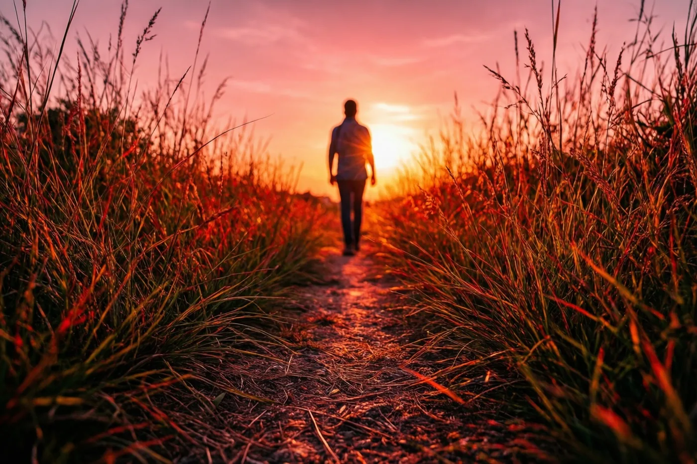Een kleine figuur loopt over een smal onverhard pad door hoog gras naar een zonsondergang in warme oranje en roze tinten.
