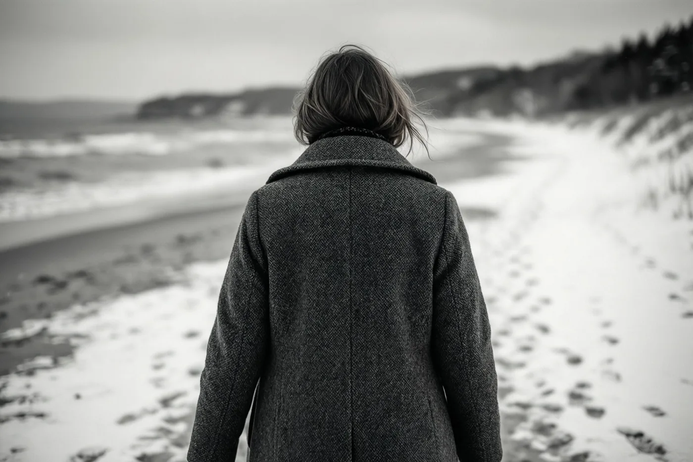 Een persoon in een dikke jas loopt met de rug naar de kijker over een besneeuwd strand naar zee, weergegeven in zwart-wit.