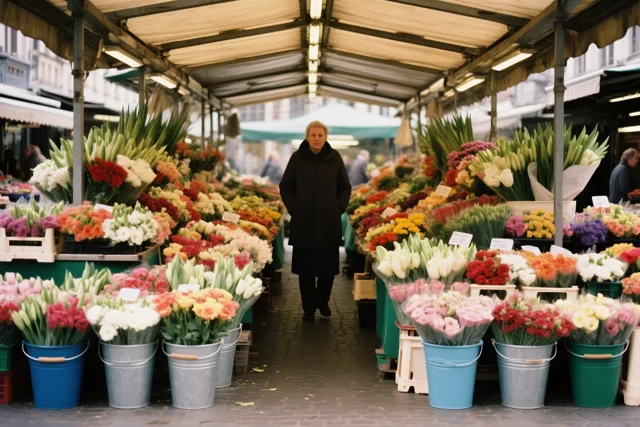 Een persoon wandelt door het middenpad tussen kleurrijke bloemenkramen met tulpen en andere bloemen in emmers onder een overkapping op een buitenmarkt.