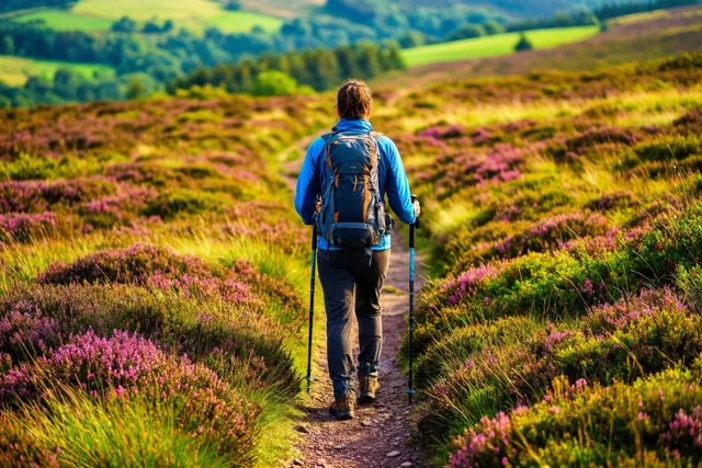 Een wandelaar met rugzak en wandelstokken volgt een aardeweg door een glooiend landschap met paarse heide in fel zonlicht.