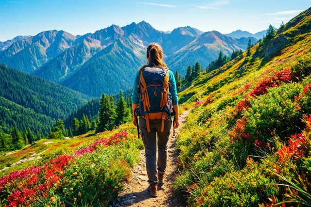 Een wandelaar met rugzak volgt een onverhard pad op een zonnige berghelling met rode en groene bergplanten, met ruige beboste bergen onder een blauwe hemel erachter.
