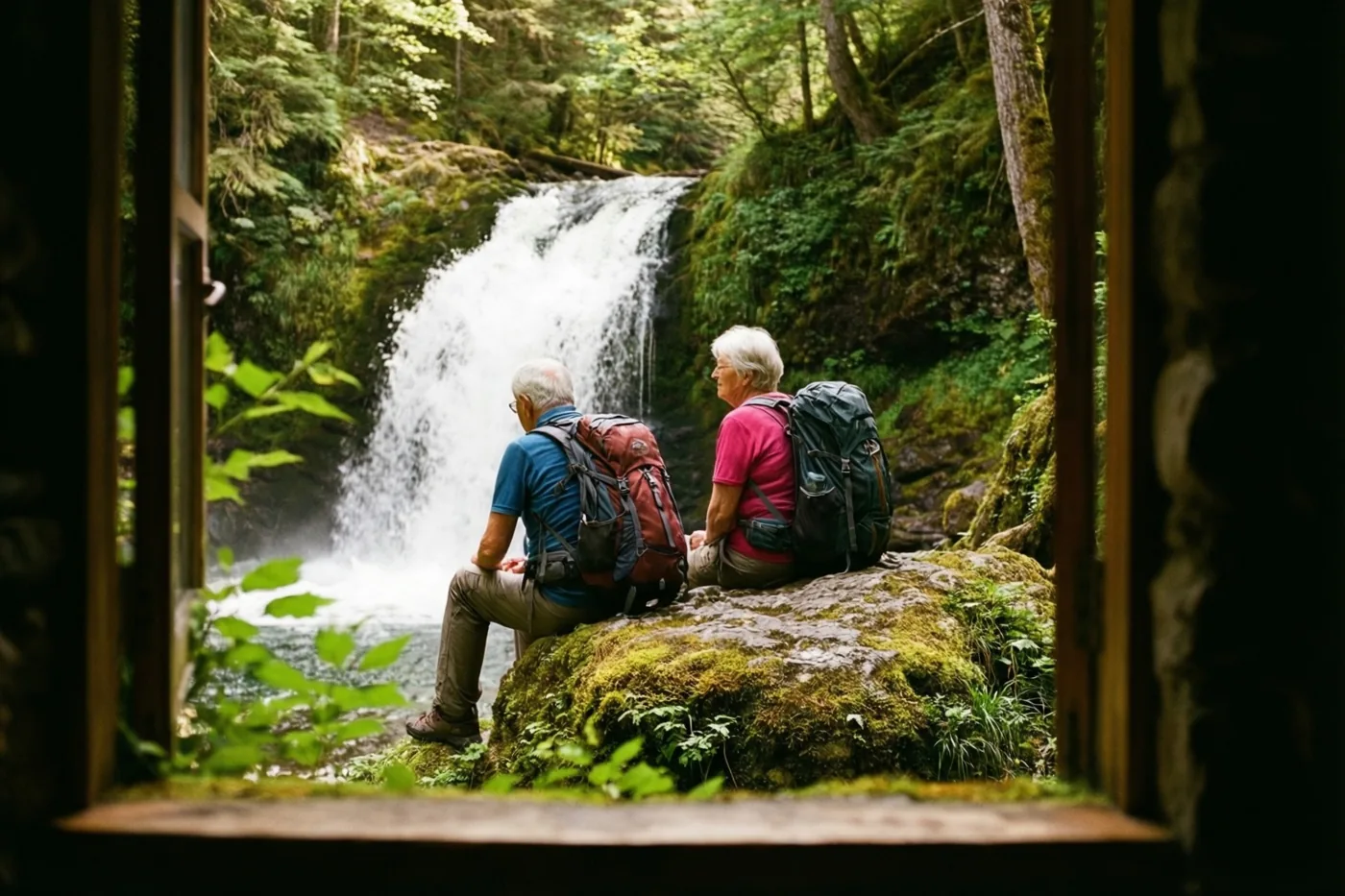 Twee oudere wandelaars met rugzakken zitten met hun rug naar de camera op een bemoste rots bij een waterval in een groen bos, gezien door een houten omlijsting.